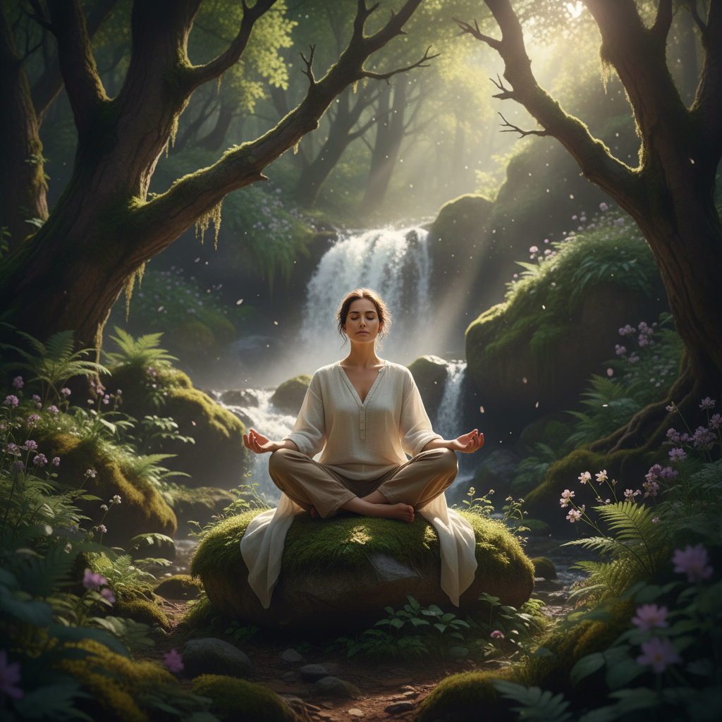 Persona en meditación tranquila rodeada de naturaleza
