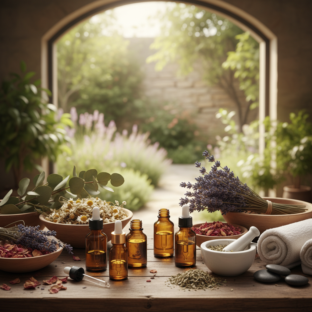 Aceites esenciales y flores secas en un spa natural